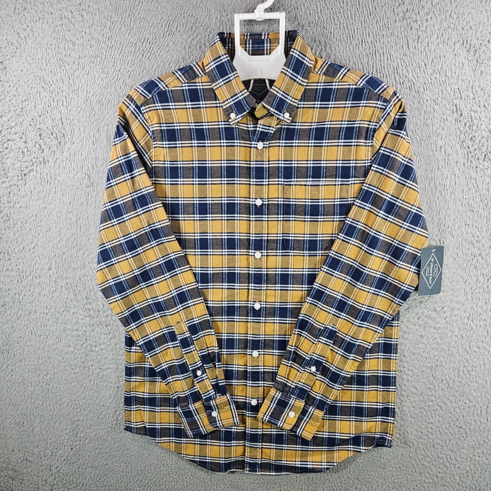 St Johns Bay Mens Sz S Navy Gold Plaid Long Sleeve Button Down Shirt Classic Fit